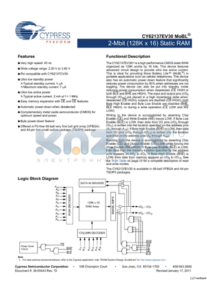 CY62137EV30-45LL datasheet - 2-Mbit (128K x 16) Static RAM