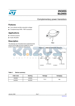 2N3055 datasheet - Complementary power transistors