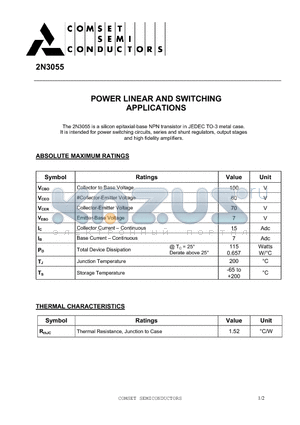 2N3055 datasheet - POWER LINEAR AND SWITCHING APPLICATIONS