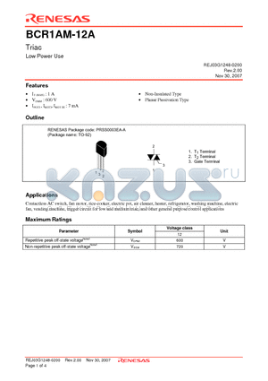 BCR1AM-12A-A6 datasheet - Triac Low Power Use