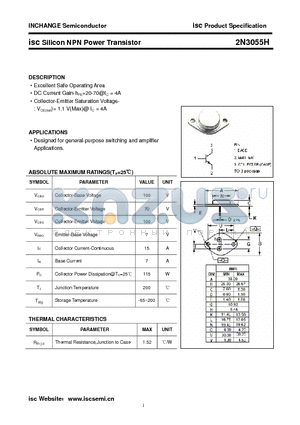 2N3055H datasheet - isc Silicon NPN Power Transistor