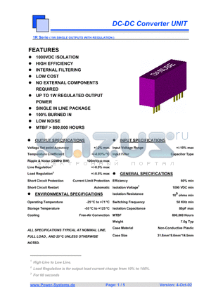 1RS-1205 datasheet - DC-DC Converter UNIT 1W SINGLE OUTPUTS WITH REGULATION