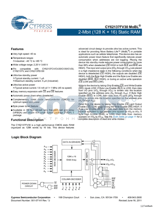 CY62137FV30 datasheet - 2-Mbit (128 K x 16) Static RAM Automatic power down when deselected