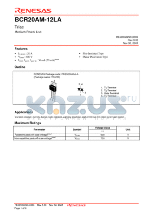 BCR20AM-12LA datasheet - Triac Medium Power Use