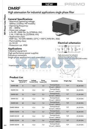 DMRF-008HV datasheet - High attenuation for industrial applications single phase filter