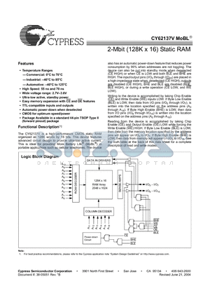 CY62137V datasheet - 2-Mbit (128K x 16) Static RAM