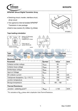 BCR22PN datasheet - NPN/PNP Silicon Digital Transistor Array