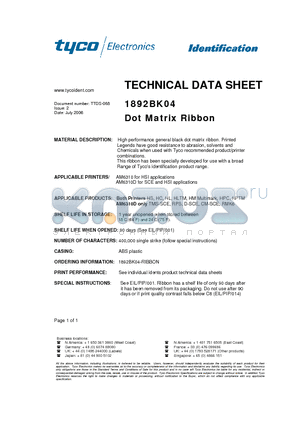 1200469-2 datasheet - 1892BK04 Dot Matrix Ribbon