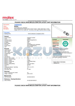 1200655044 datasheet - Micro-Change (M12) Single-Ended Cordset, Female - Pigtail, Right Angle, 4 Poles,Length 4.0m (13.12 )