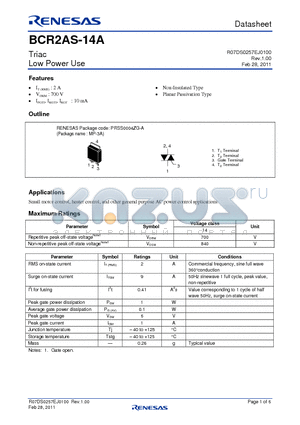 BCR2AS-14A datasheet - Triac Low Power Use Non-Insulated Type Planar Passivation Type