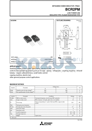 BCR2PM datasheet - LOW POWER USE INSULATED TYPE, PLANAR PASSIVATION TYPE