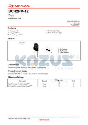 BCR2PM-12 datasheet - Triac Low Power Use