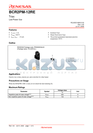 BCR2PM-12RE-A8 datasheet - Triac Low Power Use