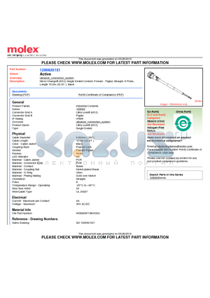 1200835151 datasheet - Micro-Change (M12) Single-Ended Cordset, Female - Pigtail, Straight, 8 Poles, Length 10.0m (32.81 ), Black