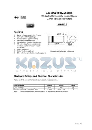 BZV55C24 datasheet - 0.5 Watts Hermetically Sealed Glass Zener Voltage Regulators