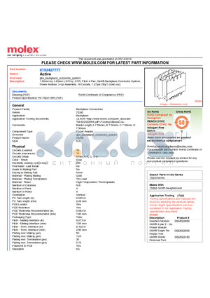 75342-7777 datasheet - 1.85mm by 1.85mm (.073 by .073) Pitch 4-Pair, GbX^ Backplane Connector System, Power Module, 2-Up Assembly, 16 Circuits, 1.27lm (50l) Gold (Au)