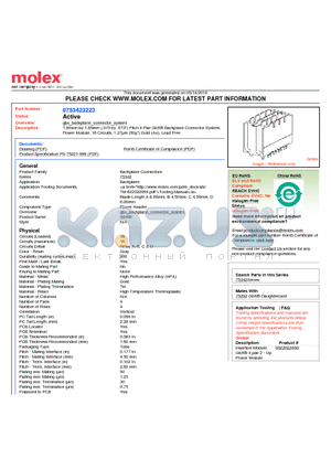 75342-3223 datasheet - 1.85mm by 1.85mm (.073 by .073) Pitch 4-Pair GbX^ Backplane Connector System, Power Module, 16 Circuits, 1.27lm (50l) Gold (Au), Lead Free