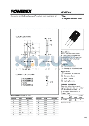 BCR30AM datasheet - Triac 30 Ampere/400-600 Volts