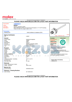 1200840017 datasheet - Ultra-Lock (M12) 5 Pole, Front Panel Mount Receptacle, 1/2