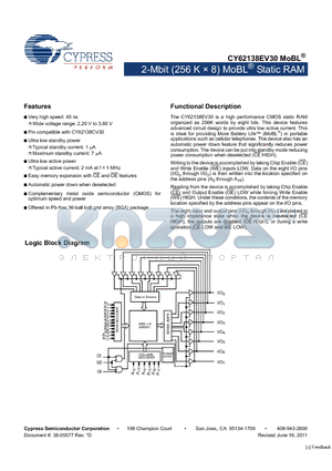 CY62138EV30 datasheet - 2-Mbit (256 K x 8) MoBL Static RAM Automatic power down when deselected