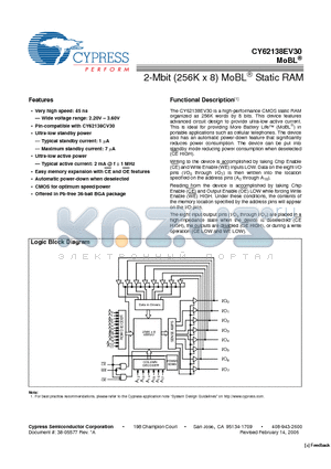 CY62138EV30 datasheet - 2-Mbit (256K x 8) MoBL^ Static RAM