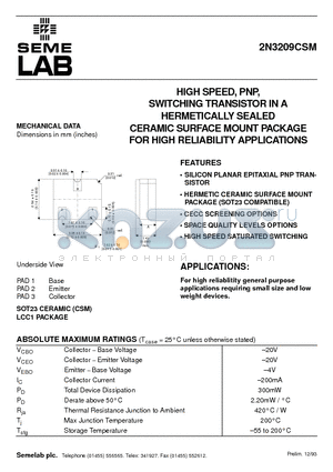 2N3209CSM datasheet - HIGH SPEED, PNP, SWITCHING TRANSISTOR IN A HERMETICALLY SEALED CERAMIC SURFACE MOUNT PACKAGE FOR HIGH RELIABILITY APPLICATIONS