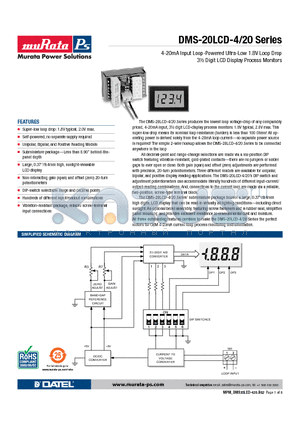 DMS-20-CP datasheet - 4-20mA Input Loop-Powered Ultra-Low 1.8V Loop Drop 3m Digit LCD Display Process Monitors