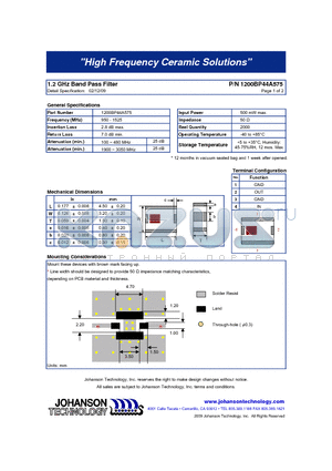 1200BP44A575 datasheet - 1.2 GHz Band Pass Filter