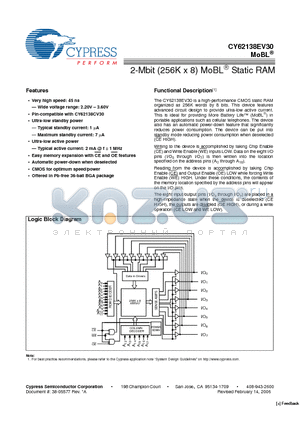 CY62138EV30LL-45BVXI datasheet - 2-Mbit (256K x 8) MoBL^ Static RAM