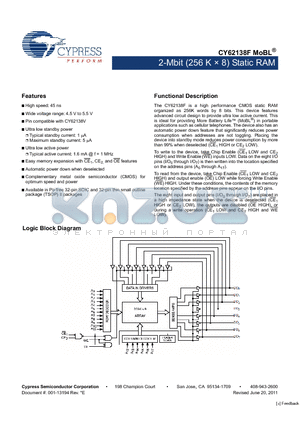 CY62138FLL-45SXI datasheet - 2-Mbit (256 K x 8) Static RAM Automatic power down when deselected