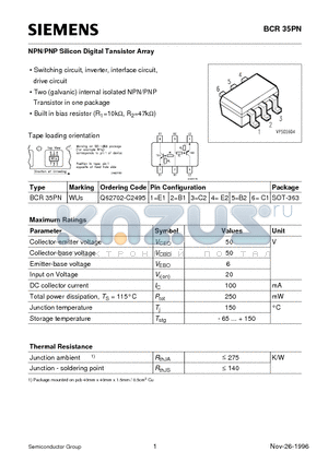 BCR35PN datasheet - NPN/PNP Silicon Digital Tansistor Array (Switching circuit, inverter, interface circuit, drive circuit)