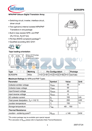 BCR35PN datasheet - NPN/PNP Silicon Digital Transistor Array