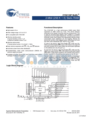 CY62138FLL-45ZSXI datasheet - 2-Mbit (256 K x 8) Static RAM Automatic power down when deselected
