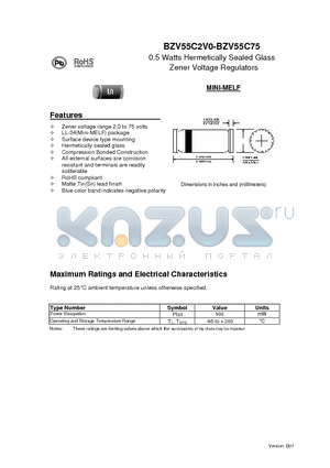 BZV55C2V0 datasheet - 0.5 Watts Hermetically Sealed Glass Zener Voltage Regulators