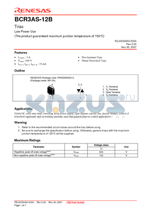 BCR3AS-12B datasheet - Triac Low Power Use