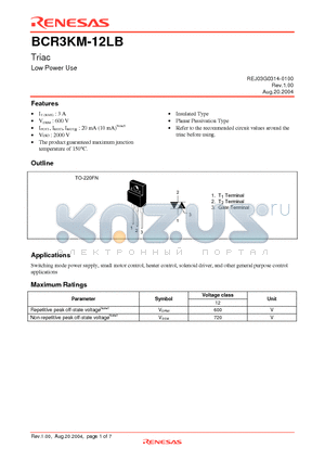 BCR3KM-12LB datasheet - Triac Low Power Use