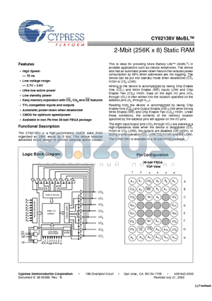 CY62138V datasheet - 2-Mbit (256K x 8) Static RAM