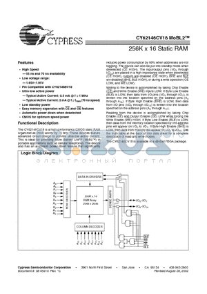 CY62146CV18 datasheet - 256K x 16 Static RAM