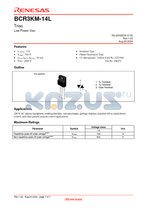 BCR3KM-14LA datasheet - Triac Low Power Use