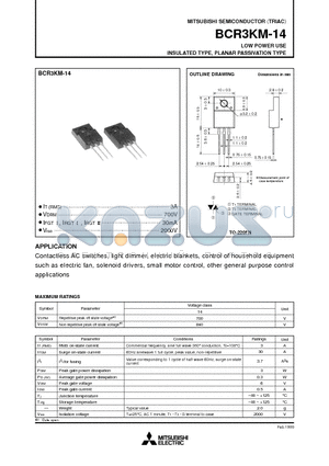 BCR3KM-14 datasheet - LOW POWER USE INSULATED TYPE, PLANAR PASSIVATION TYPE