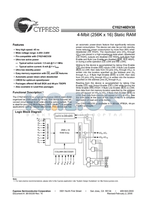 CY62146DV30L-70BVI datasheet - 4-Mbit (256K x 16) Static RAM