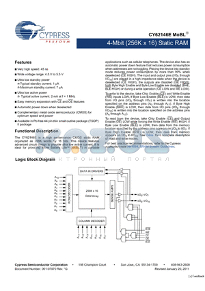 CY62146ELL datasheet - 4-Mbit (256K x 16) Static RAM