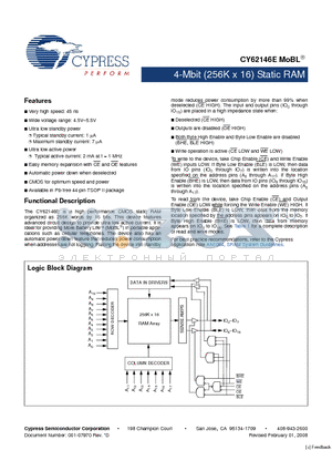 CY62146E datasheet - 4-Mbit (256K x 16) Static RAM