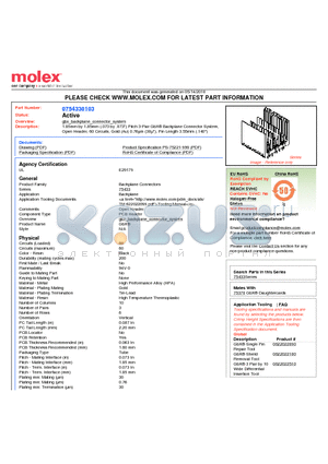 75433-0103 datasheet - 1.85mm by 1.85mm (.073 by .073) Pitch 3-Pair GbX^ Backplane Connector System, Open Header, 60 Circuits, Gold (Au) 0.76lm (30l), Pin Length 3.55mm (.140)