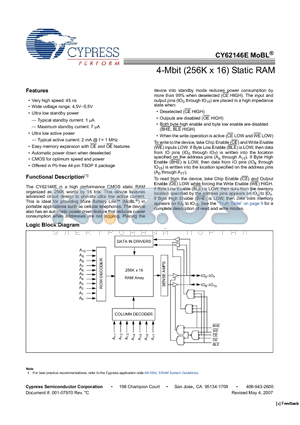 CY62146ELL-45ZSXA datasheet - 4-Mbit (256K x 16) Static RAM