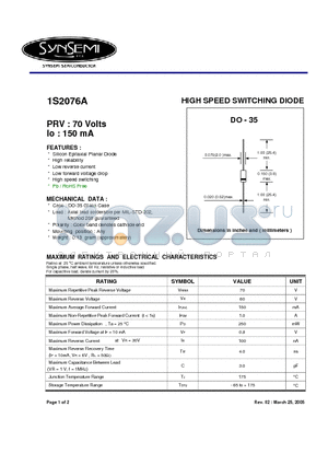 1S2076A datasheet - HIGH SPEED SWITCHING DIODE