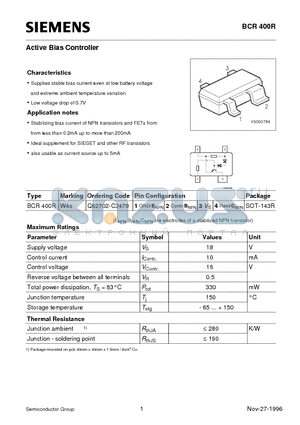 BCR400R datasheet - Active Bias Controller (Supplies stable bias current even at low battery voltage and extreme ambient temperature variation)