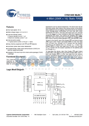 CY62146ELL-45ZSXA datasheet - 4-Mbit (256K x 16) Static RAM Automatic power down when deselected