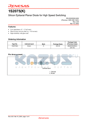 1S2075K datasheet - Silicon Epitaxial Planar Diode for High Speed Switching