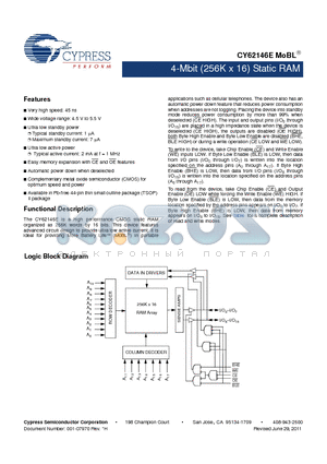 CY62146ELL-45ZSXI datasheet - 4-Mbit (256K x 16) Static RAM Automatic power down when deselected